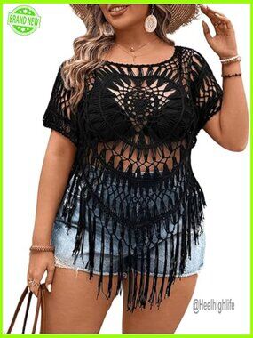 Plus Size Knitted Crochet T-Shirt Hollow Out Fringe Hem Short Sleeve Top